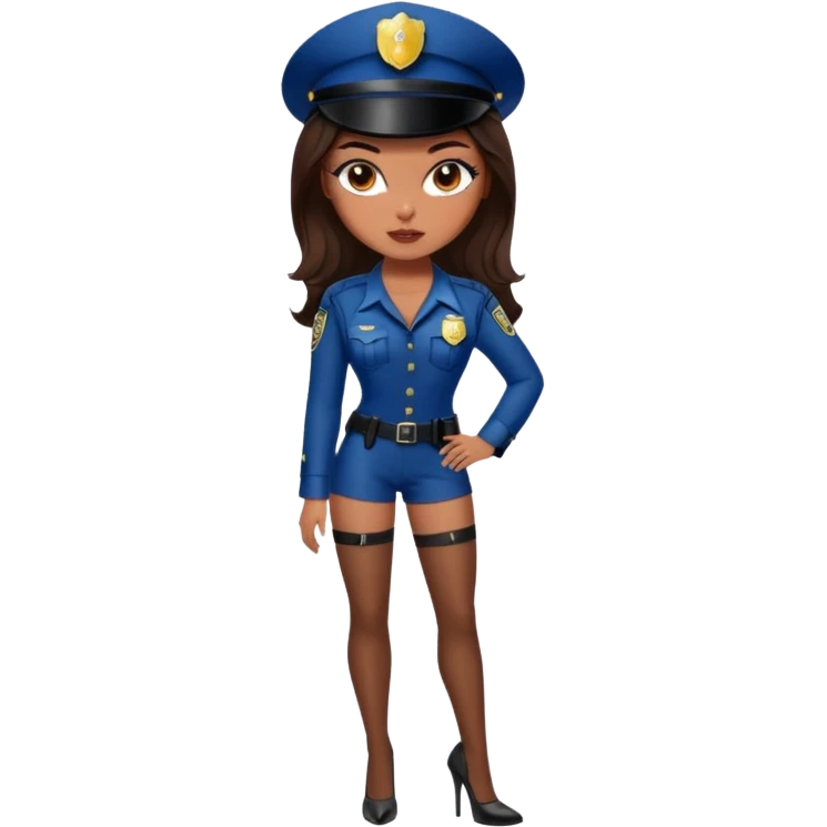 A sexy bratz girl. with caramel skin. Dark brown hair and brown eyes. She has freckles. Wearing sexy makeup. Dressed as a sexy cop. wearing lingerie. black heels on emoji