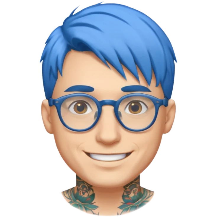 smiling man with blue hair, glasses, tattoo emoji
