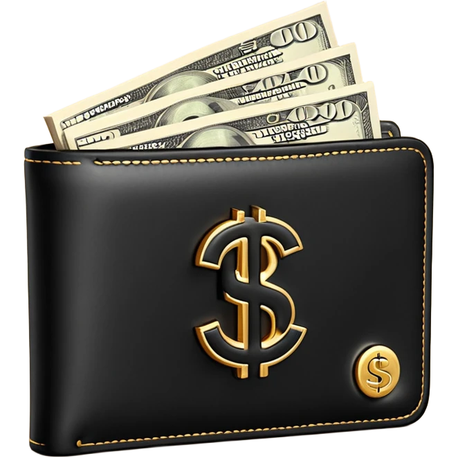 Rich emoji style black leather wallet with dollar bills, luxury money vibe, premium 3D emoji, ultra clean, high detail, no background
 emoji