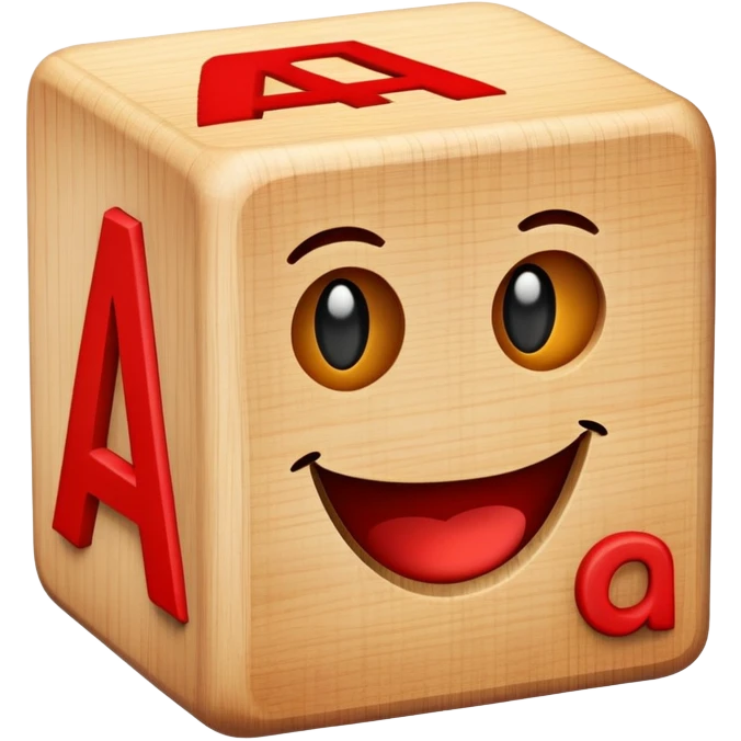 A wooden alphabet block with letter A and a cute smiling face emoji