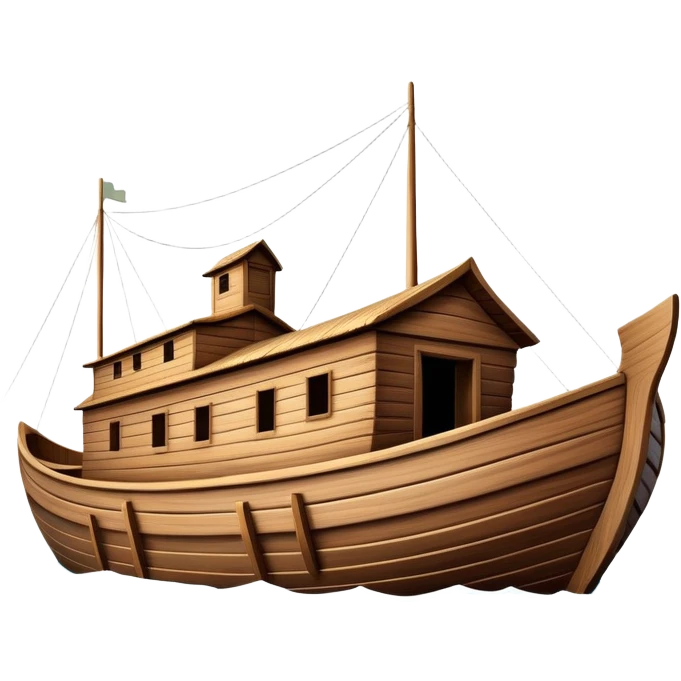 Huge empty wooden Noah's ark boat on water, wide and spacious, no occupants, realistic details emoji
