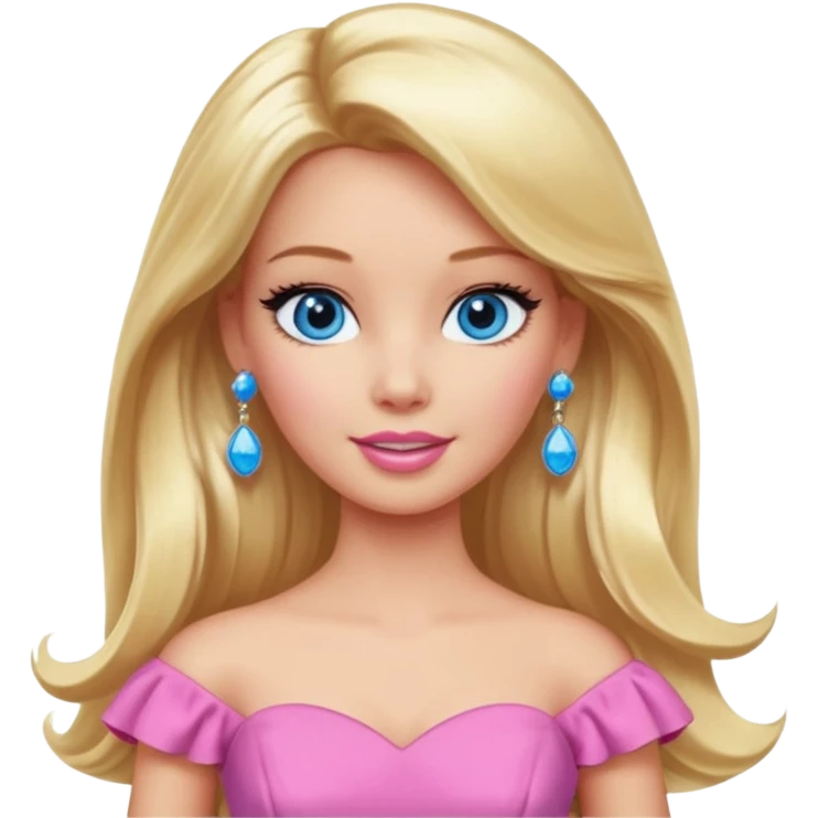 barbie, long blonde hair, pink dress, with blue eyes,different dress, big ear rings. emoji