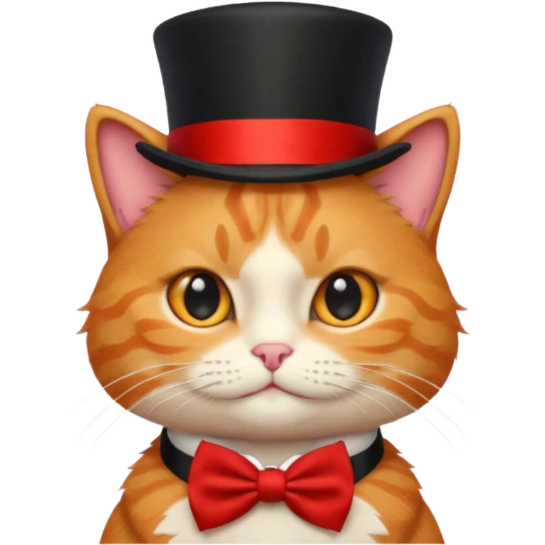 Cute emoji-style orange tabby cat wearing a black top hat with a red band and a red bow tie, big round eyes, fluffy fur, clean mascot style, centered, transparent background, 1:1 ratio. emoji