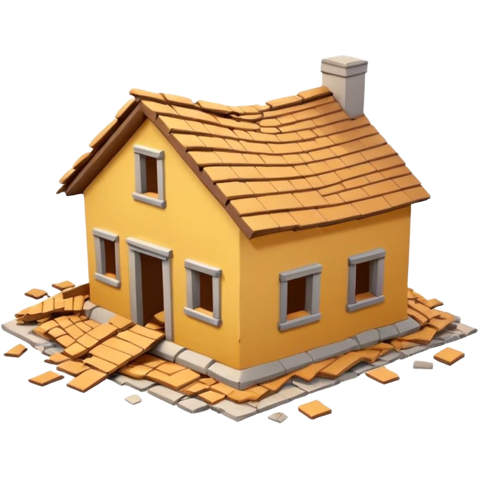 3D iPhone style emoji of a collapsed house, broken walls and roof pieces scattered, debris and ruins visible, isolated on white background, soft shadows, high detail, playful and cute. emoji