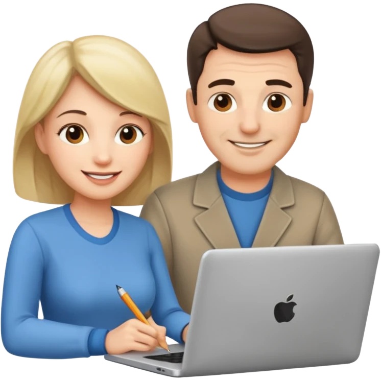 a middle aged man and a womanlooking at laptop and writing and smiling emoji