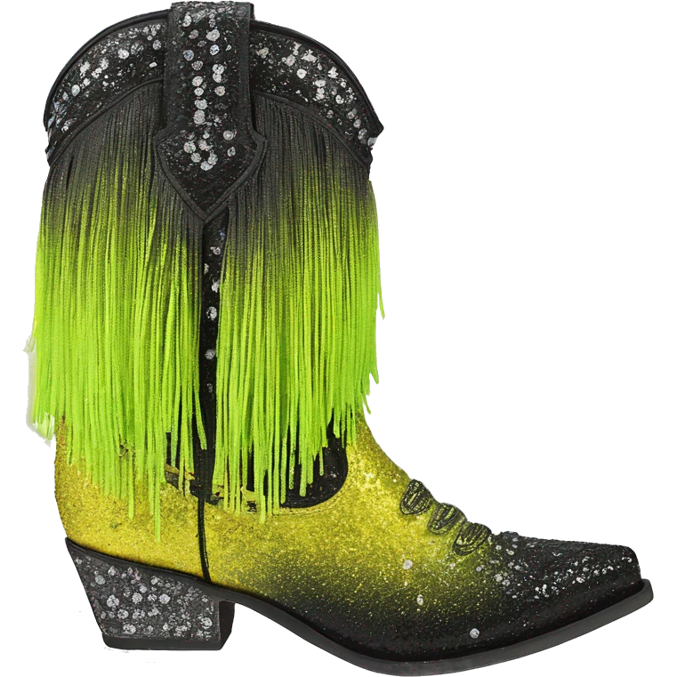 Realistic short neon yellow to black ombre fashion cowgirl boot with sparkly shiny glitter fringe on them. emoji