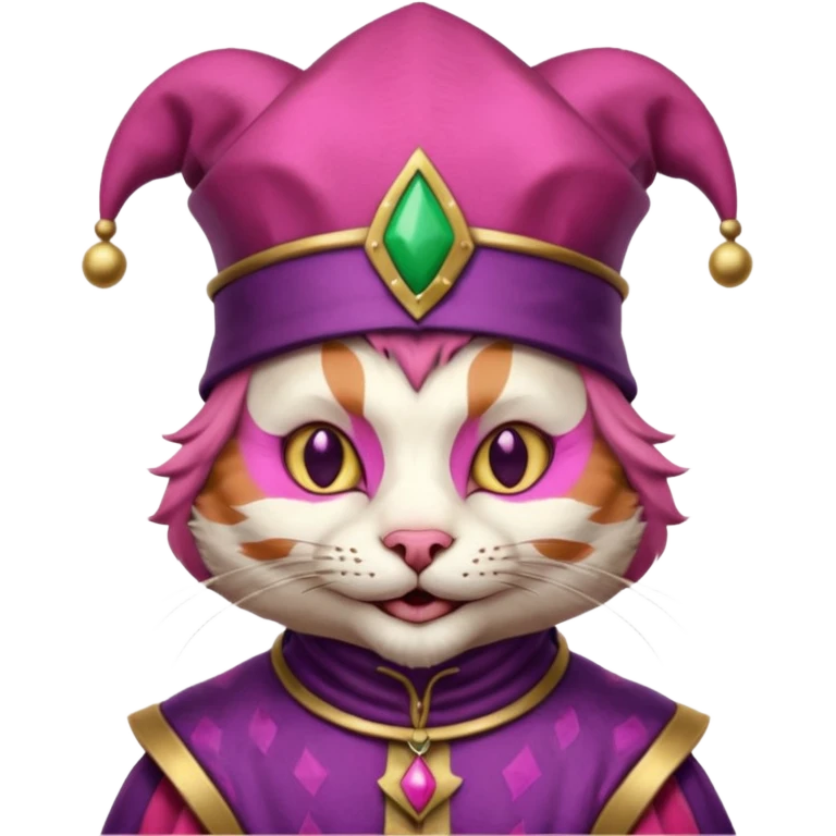 court jester cat medieval, single poker card joker clearly visible, pink, face only, court jester cap emoji