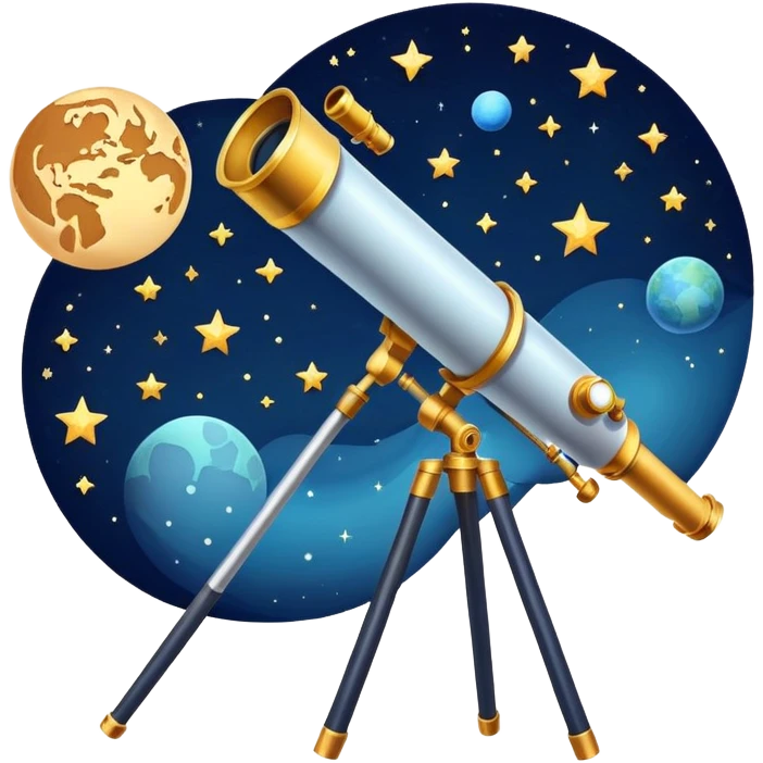 An icon featuring a telescope, stars, and a planet, symbolizing astronomy. The design includes a crescent moon, distant galaxies, and constellations, representing the study of space and celestial bodies. Transparent background highlights the exploration of the universe and cosmic phenomena. emoji