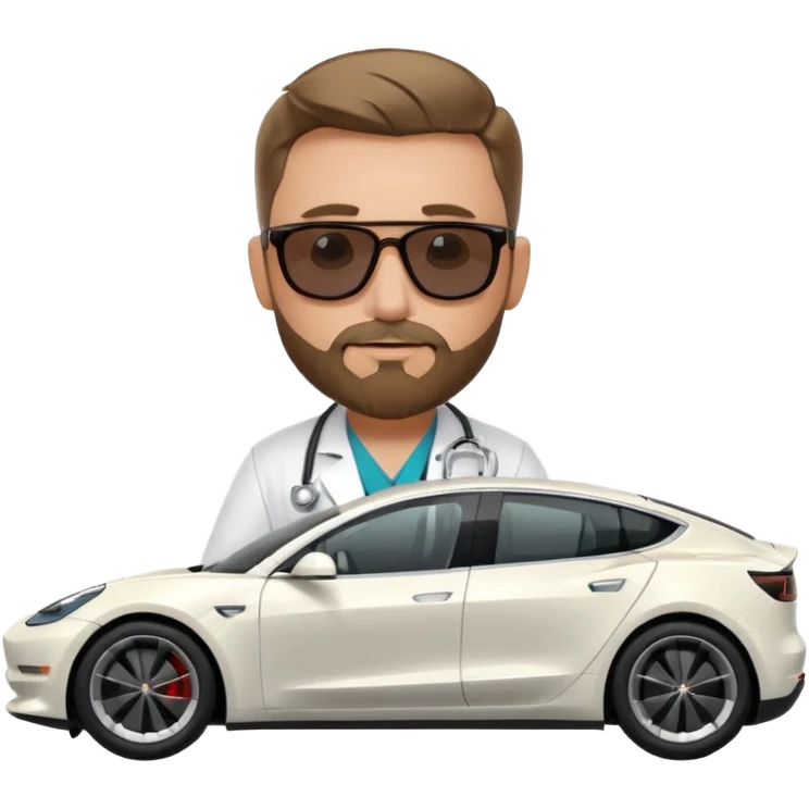 White tesla model 3 and one cool physician with dark blond hair, beard, stetoscope and dark sunglasses next to it emoji