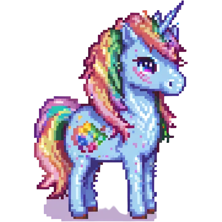 licorne entièrement pailletée, corps rose pailleté, crinière arc-en-ciel pailletée, corne unique arc-en-ciel pailletée, style pixel art emoji