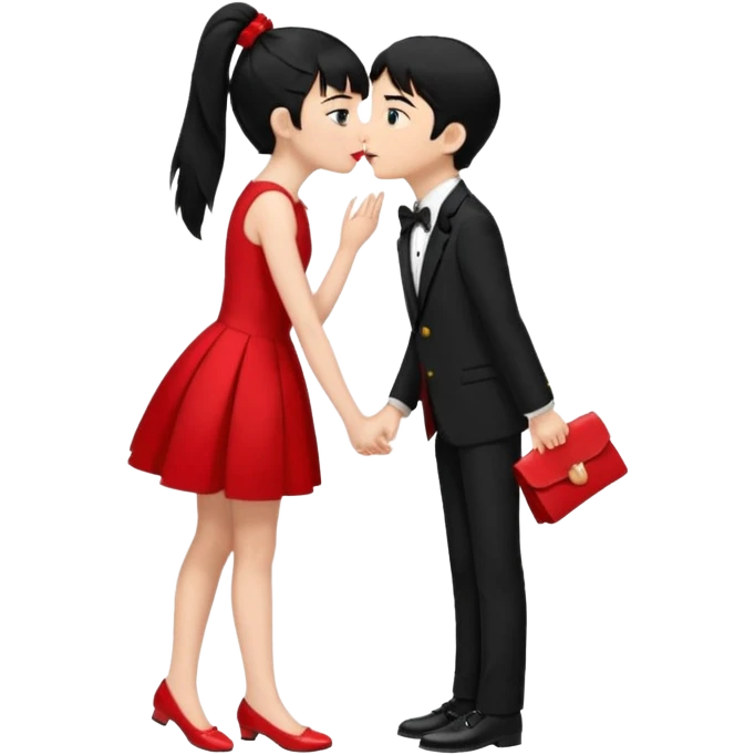 Make a girl has 18 years old black ponytail red dress, red flat and a boy has 19 years old black hair black tuxedo black shoes boy and girl kiss emoji