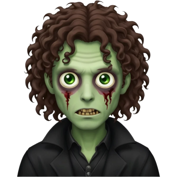 long curly haired male zombie with brown hair color and green eye color, with dark vampire clothes emoji