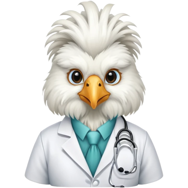 A White Silkie Bantam rooster dressed like a doctor.  The head feathers look like a large, fluffy wig.  emoji