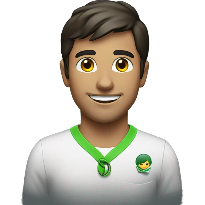 The image shows a young man with short dark hair and facial hair. He is smiling and wearing a white shirt with a green lanyard or badge. There is a dark background behind him with some red text visible. emoji