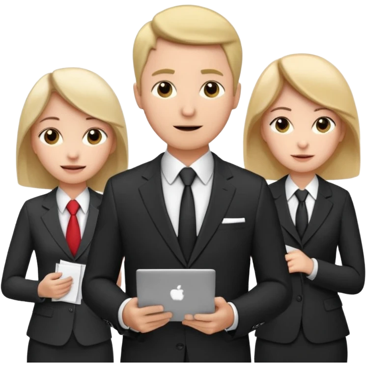 Команда в костюмах из трёх человек. на переднем палне Мужчина впереди общается по смартфону, дальше женщина слева стоит с ноубуком, мужчина справа держит бумаги. У всех людей разные, но позитивные эмоции emoji