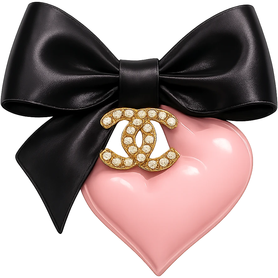 Remove the background, keep only the elegant bow with pearls and gold Chanel logo, glossy, pastel colors, realistic style, with no background. black pink, heart emoji