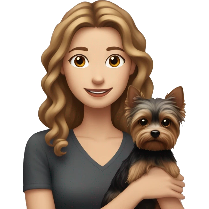 White woman with curly long brown hair holds on her hands Black Yorkshire terrier with light brown Muzzle and paws emoji