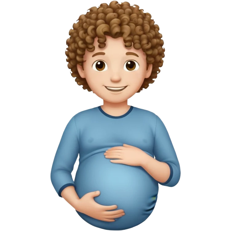 smiling boy with curly hair with a pregnant belly emoji