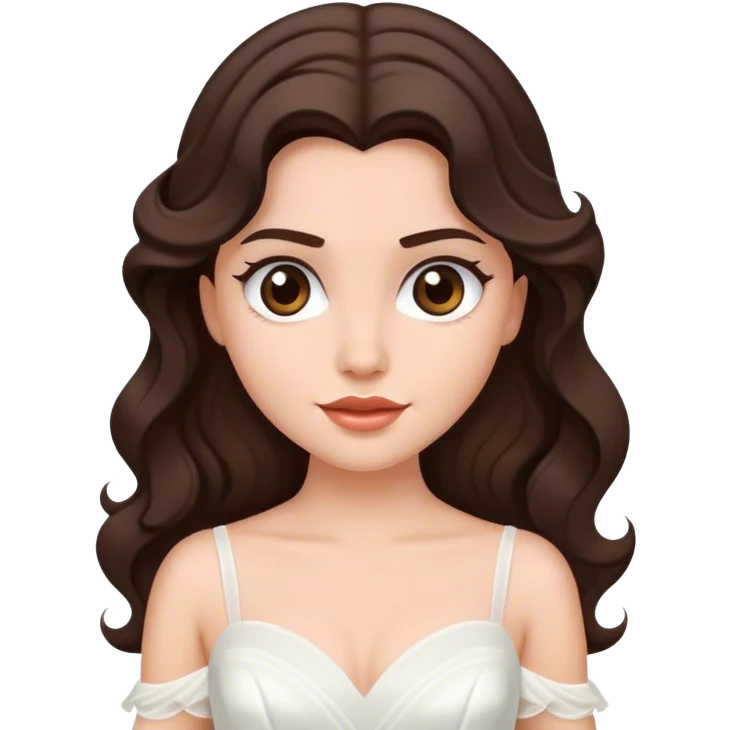 Dark Brown haired girl, long Hollywood wave hair, in white wedding dress emoji