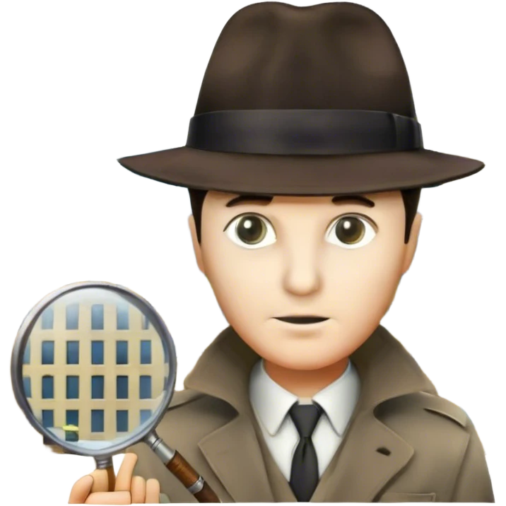 A colorful collage featuring iconic detective elements—magnifying glass, a fedora hat, a cigarette, a shadowy figure, and a mysterious city backdrop, a board with photos of suspects. Include subtle clues like fingerprints or a crime scene. Retro movie poster style. Transparent background. emoji