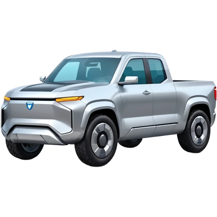 A futuristic electric pickup truck emoji, silver chrome body, angular cyber design, smooth metallic panels, subtle reflections, minimalistic proportions, iOS emoji style, centered composition, clean white background, soft lighting emoji