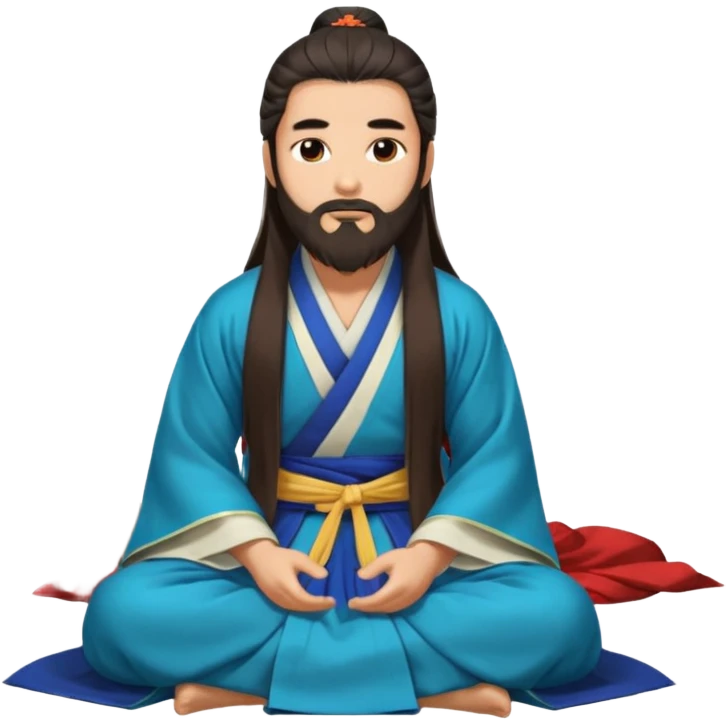 Beautiful man with lightly tan skin and dark long beard, long hair, in Hanfu sitting on the ground emoji