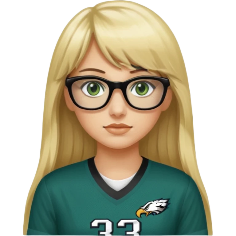 long blonde hair with bangs black rectangle glasses female green eyes football player wearing eagles jersey number 33 emoji