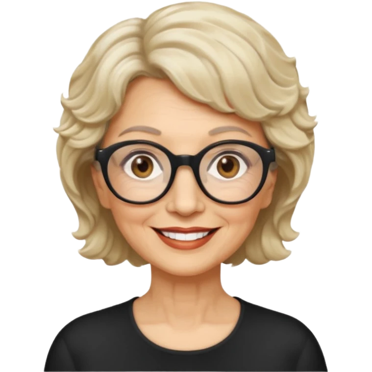 woman 70 years old, short blonde weavy hair, brown eyes and round dark glasses emoji
