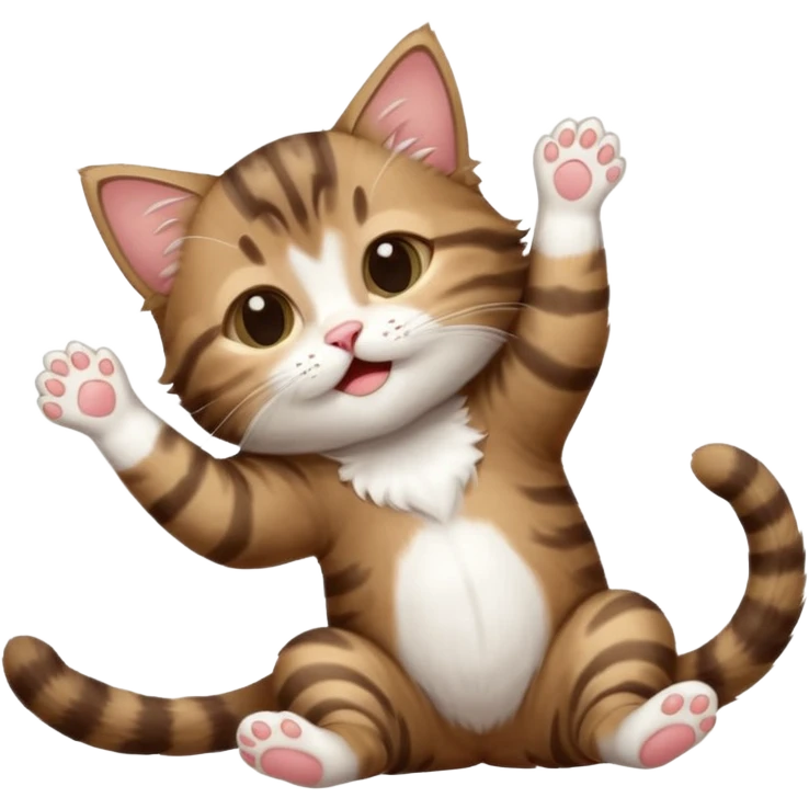 dark brown tabby and white kitten with his eyes closed whilst in funny positions stretched out and  upside down emoji