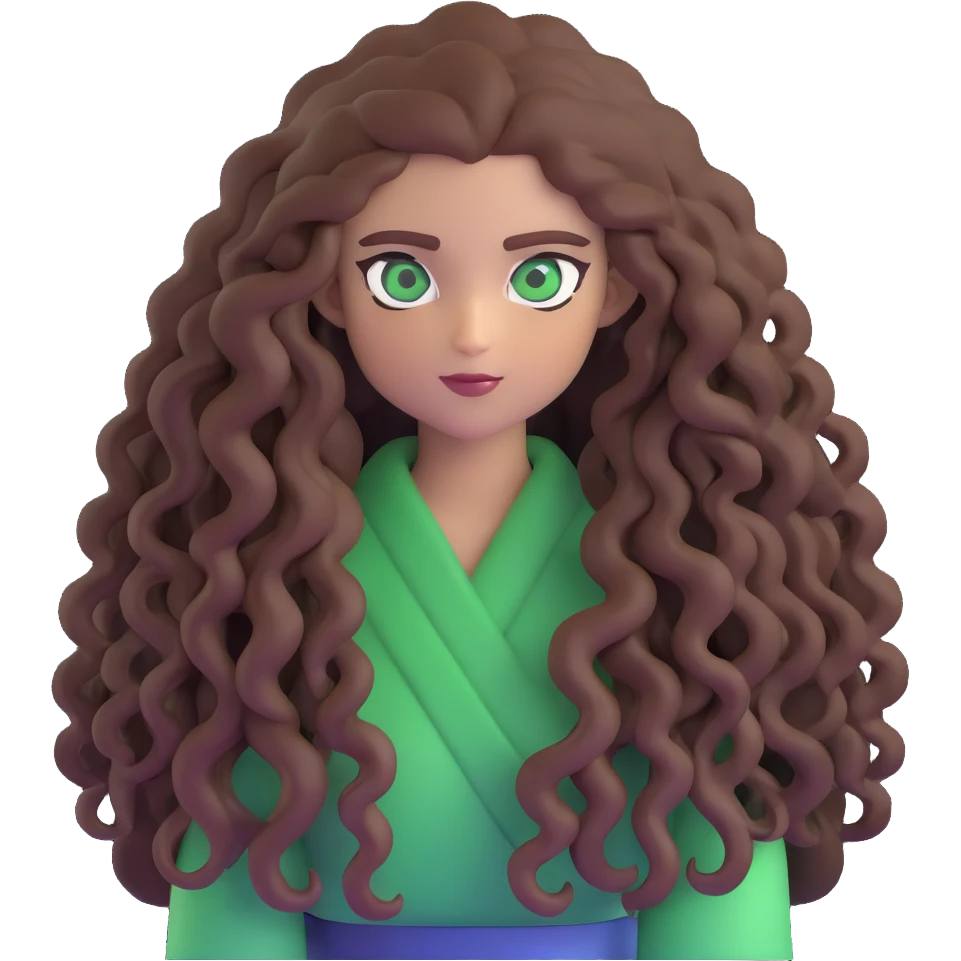 Character with extremely long enormous curly brown hair and striking green eyes emoji
