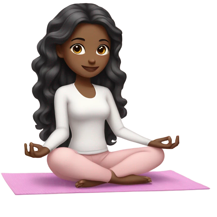 black long wavy hair and brown eyes with white skin yoga girl in light pink clothes sitting on a yoga mat  emoji
