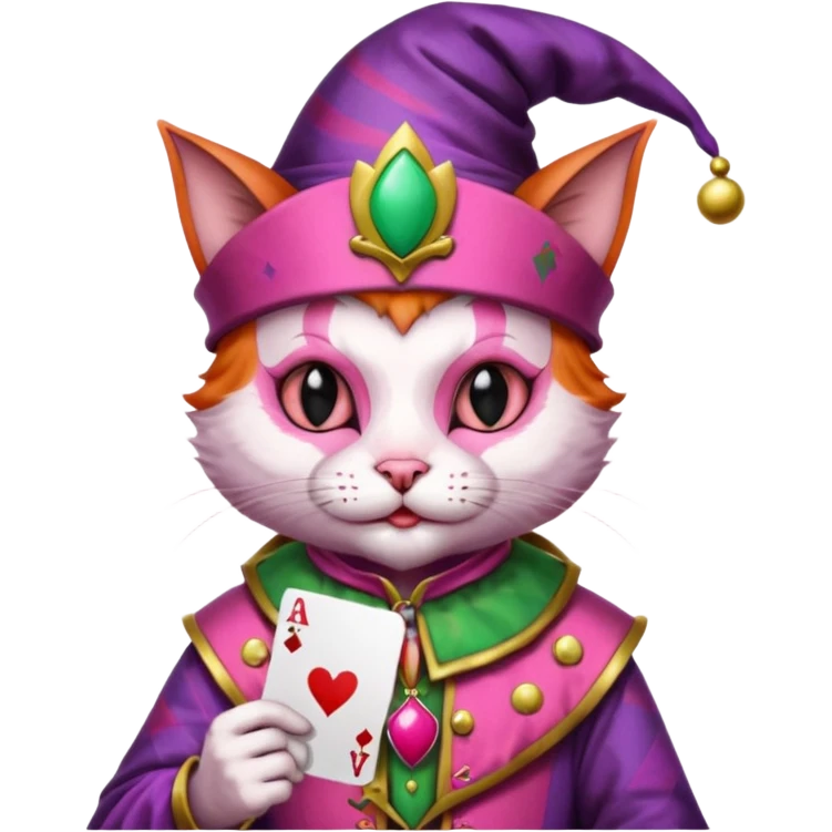 court jester cat medieval, single poker card joker clearly visible, pink, face only, round badge, court jester cap emoji