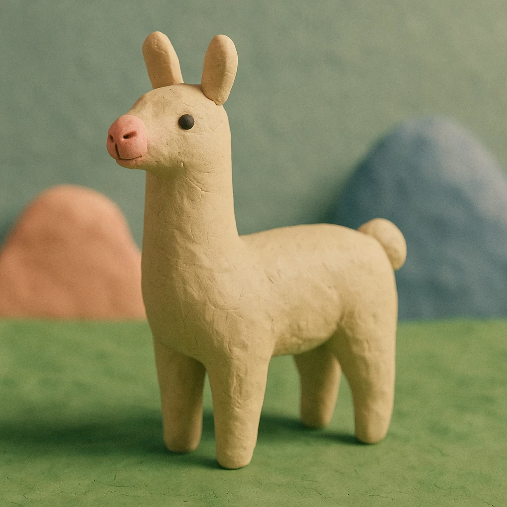 llama in claymation style standing on green grass with visible fingerprints and pastel palette emoji