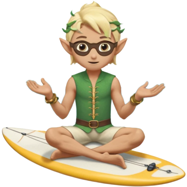 elf male legolas sitting on surfboard (ashore), hands manipulating two orbs of swirling seawater giving a "massage" to his own shoulders, wearing relaxed linen shorts over swimwear, tinted elven sunglasses, pointy ears, content expression, centered emoji emoji