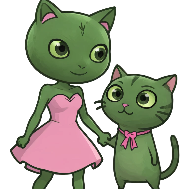 A spider-themed superhero character holding hands with a cute cat character in a pink dress. emoji