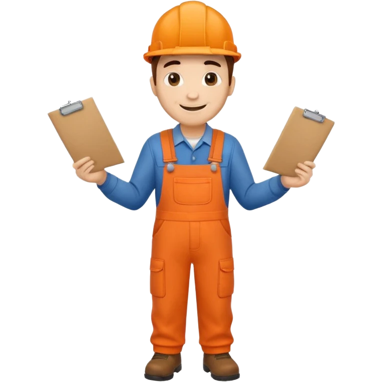 railway engineer full body in orange overalls, carrying a piece of paper with both hands in front of him emoji