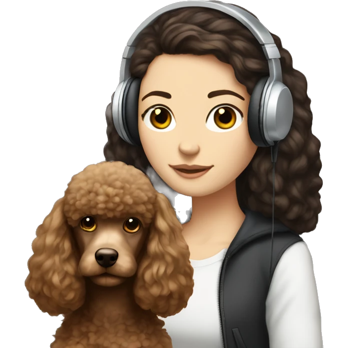 White girl, dark long straight hair in headphones with brown poodle emoji