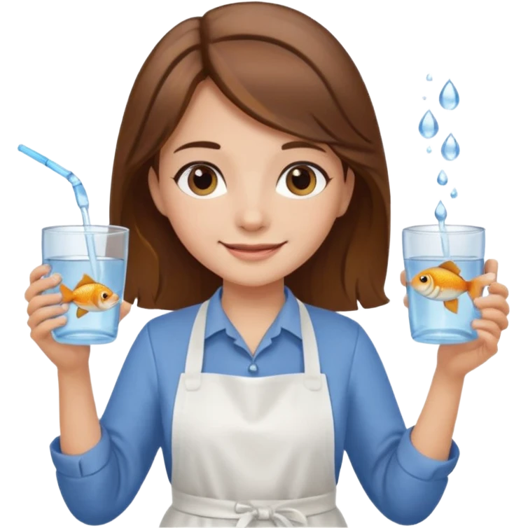 A girl with brown hair wearing an apron and holding a fish and a cup of water in another hand emoji