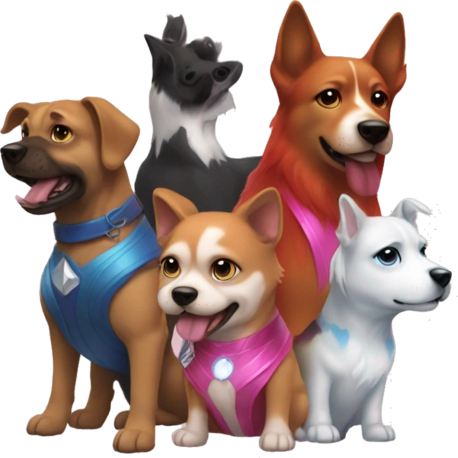 create 3 dogs one is blue and white, pink and orange, and rainbow and the owner is the scarlet witch emoji