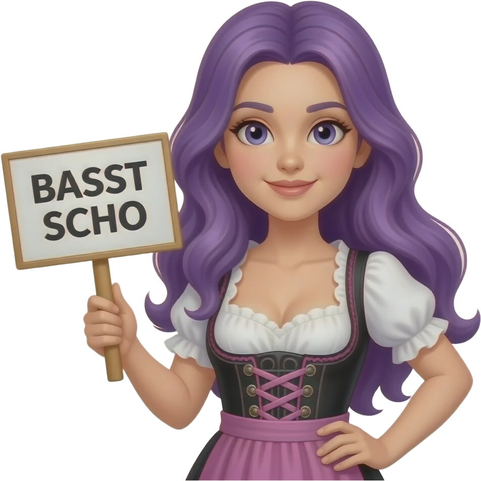 girl with long purple hair wearing a dirndl holding a BASST SCHO sign emoji