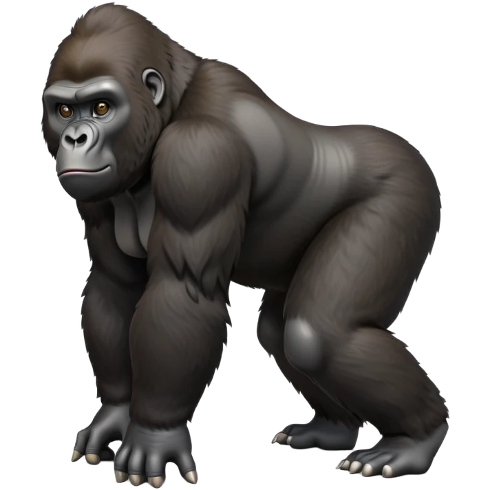 cinematic-gorilla-realistic-full-body-on all fours-emoji,-exuding-strength,-thick-dark-fur-in-the-light,-head-tilted-dramatically,-deep-dark-eyes-filled-with-intense-intelligence,-simplified-yet-realistic-focused-features,-highly-detailed,-glowing-with-an-almost-sarcastic-glow emoji