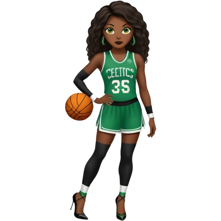 A 45-year-old black woman with long black brown baylaige hair dressed in sexy 
celtics jersey costume outfit and stilettos  emoji