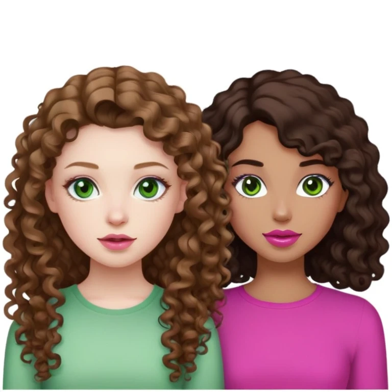 A girl with curly light Brown long hair with pale skin and pinks lips with green eyes. Next tò her there's a girl with long dark Brown hair with tan skin, Brown eyes and dark Pink lips. They both have a White top.  emoji