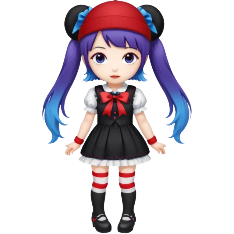Chibi kawaii, violet eyes, black-blue twin tails, red ribbons, red beanie, black & white lolita dress with red accents, white thigh-highs, black mary janes, cute aesthetic. emoji
