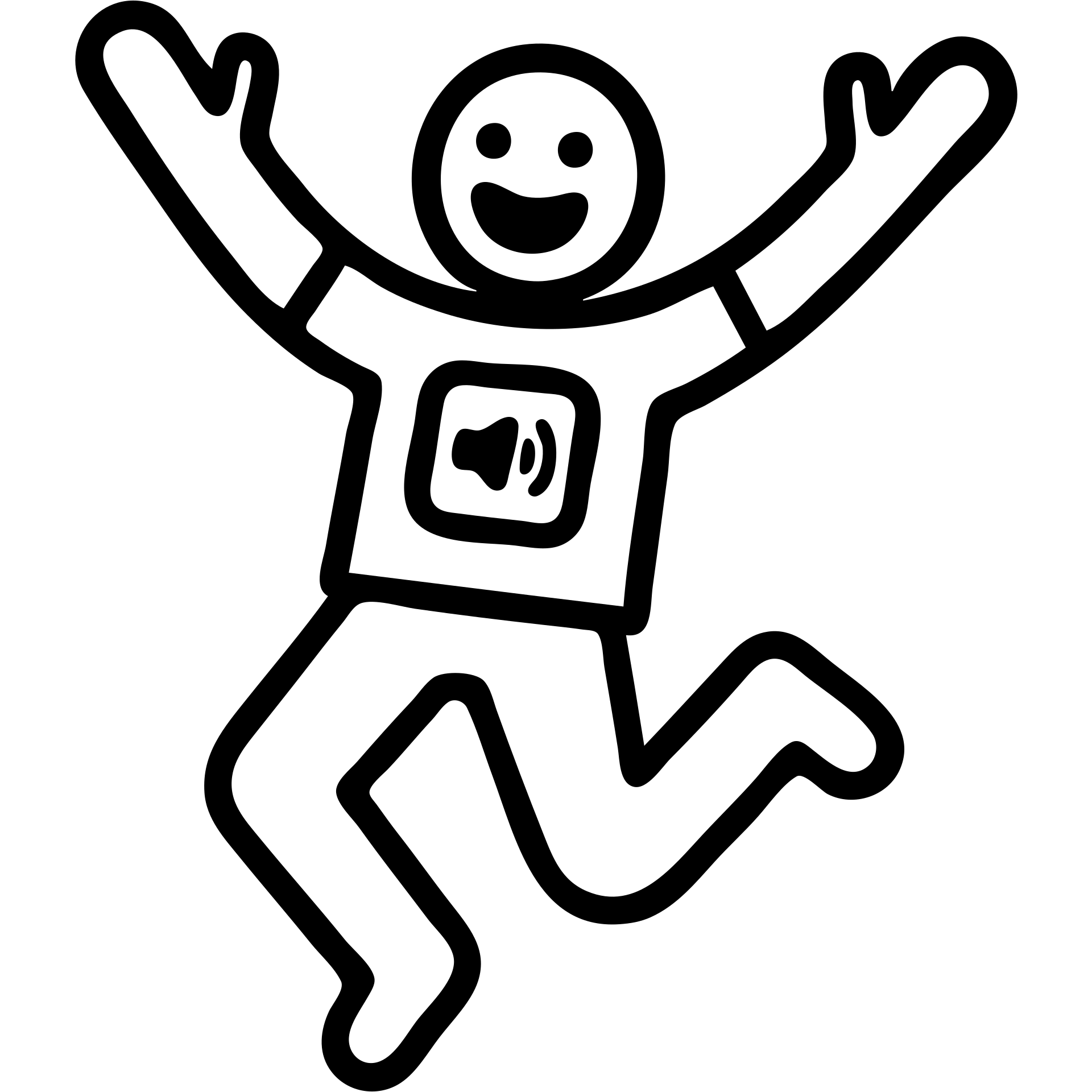 person wearing an audio app t-shirt, jumping and waving arms, exaggerated fanatical expression, black and white outline style emoji