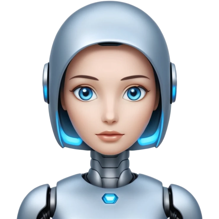 a futuristic female robot in a sleek design, glowing eyes, thoughtful pose emoji