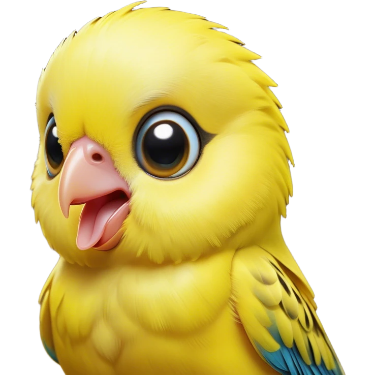 Cinematic Comical Yellow Budgie Portrait Emoji, Head tilted dramatically with an exaggeratedly amused expression, featuring a striking yellow feathered fur with a glossy finish, wide, expressive dark eyes filled with playful disbelief, Simplified yet hilariously expressive features, highly detailed, glowing with a slightly sassy glow, high shine, dramatic yet playful, stylized with an air of cheeky mischief, bright and endearing, soft glowing outline, capturing the essence of a spirited and over-the-top budgie, so meme-worthy it feels like it could side-eye its way into internet fame instantly! emoji