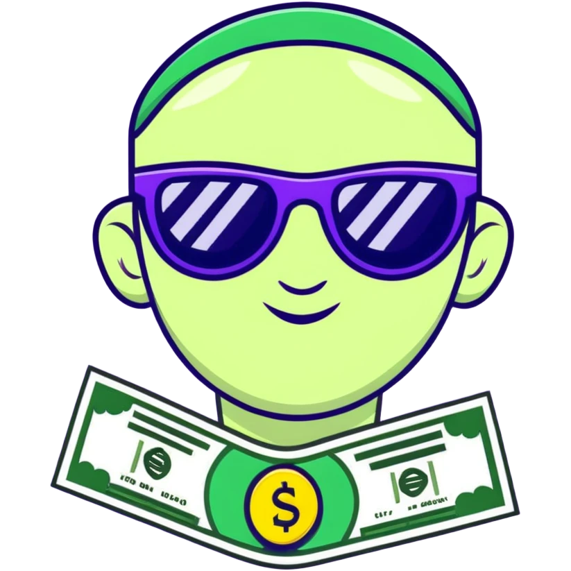 yellow face with green money signs for eyes, wearing slightly transparent black sunglasses, money symbols on face emoji