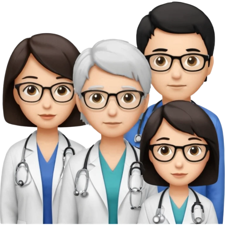 Create four doctors grouped together. Place a female doctor with dark brown short bob hair prominently in the front. Behind her, include:

a doctor with white hair wearing glasses,

a young male doctor with black hair and no glasses,

and a female doctor with black short bob hair wearing glasses. emoji