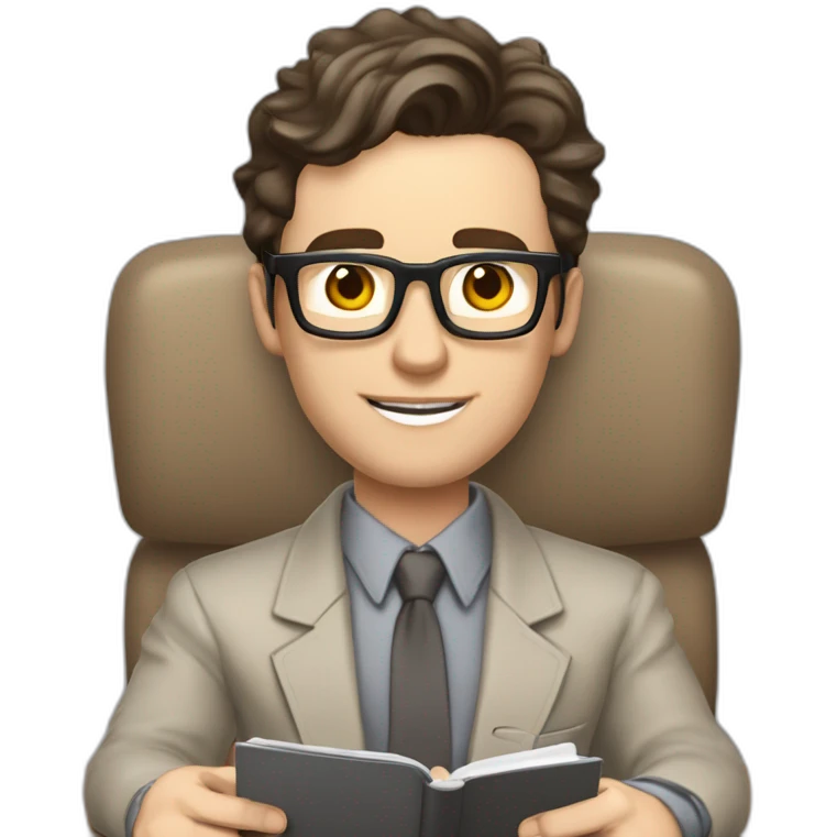 Pale skinned Fit Man With dark brown hair in gray jacket, beige office shirt and ring glasses sitting In a soft chair with a notebook with emblem Ψ and a pen in his hands emoji